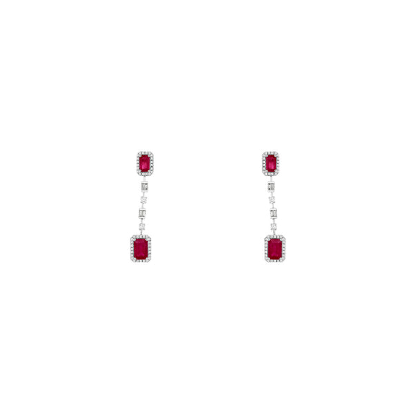 14 Karat White Gold Drop Earrings With Rubies & Diamonds