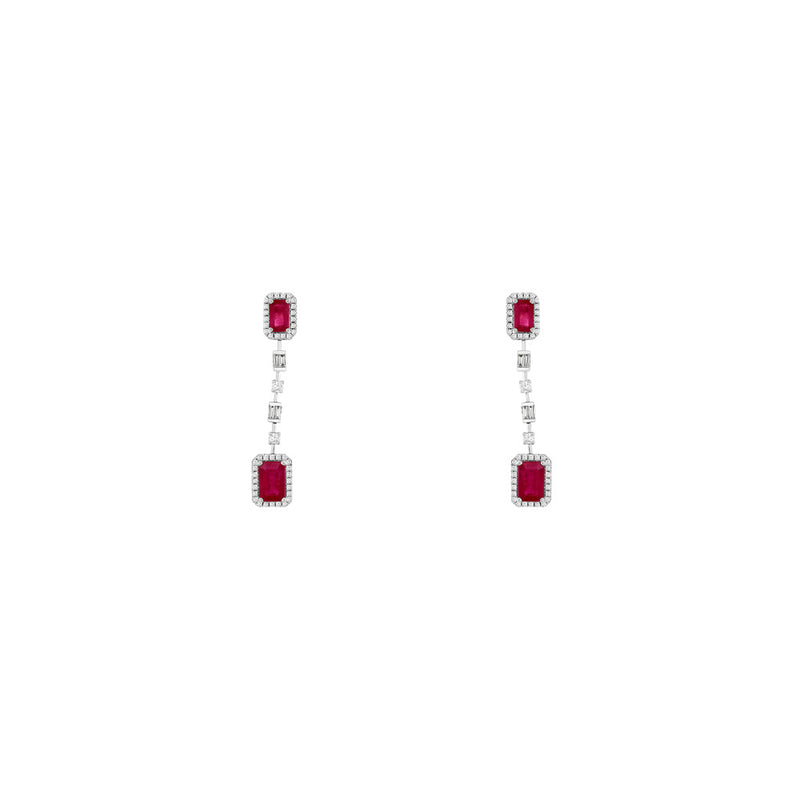14 Karat White Gold Drop Earrings With Rubies & Diamonds