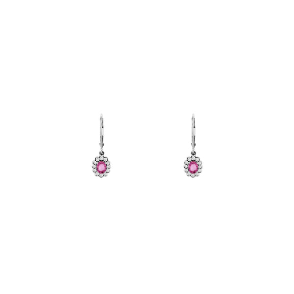 14 Karat White Gold Halo Drop Earrings With Pink Sapphires & Diamonds