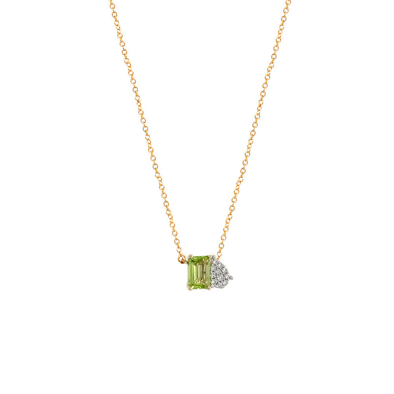 14 Karat Yellow Gold Toi Et Moi Peridot and Diamond necklace