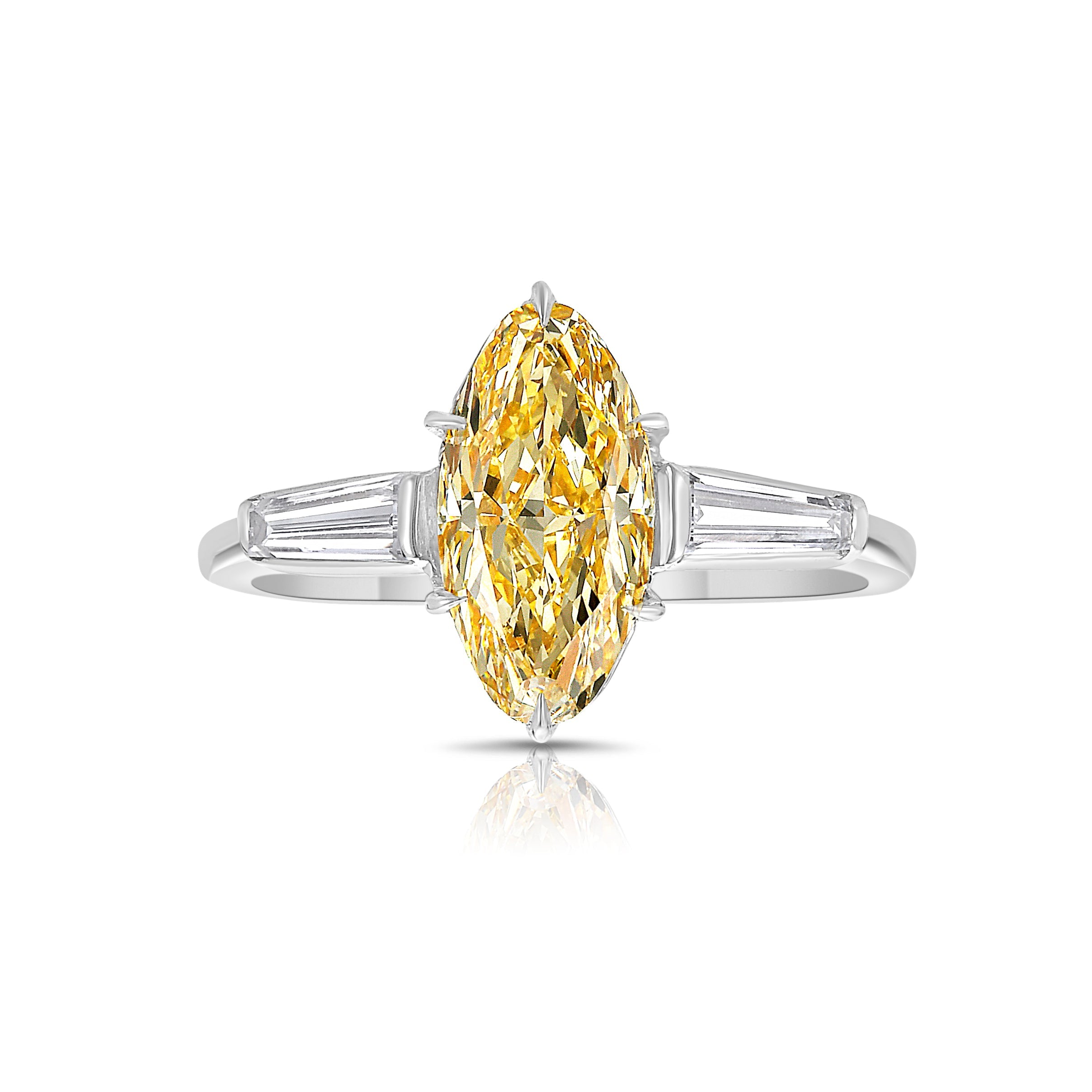 1.40 Carat Fancy Light Yellow Diamond Marquise Cut Diamond Tapered Baguette Side Diamonds VS1 Clarity GIA Certified Diamond Set in Platinum & 18K Gold Handmade in NYC.
