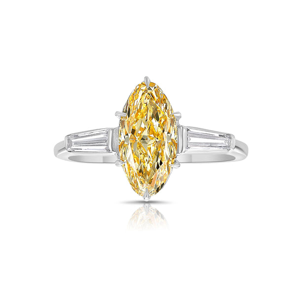 1.40 Carat Fancy Light Yellow Diamond Marquise Cut Diamond Tapered Baguette Side Diamonds VS1 Clarity GIA Certified Diamond Set in Platinum & 18K Gold Handmade in NYC.
