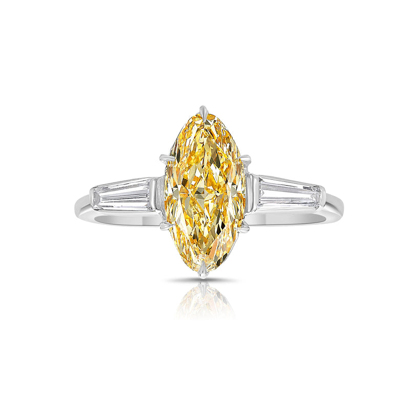 1.40 Carat Fancy Light Yellow Diamond Marquise Cut Diamond Tapered Baguette Side Diamonds VS1 Clarity GIA Certified Diamond Set in Platinum & 18K Gold Handmade in NYC.
