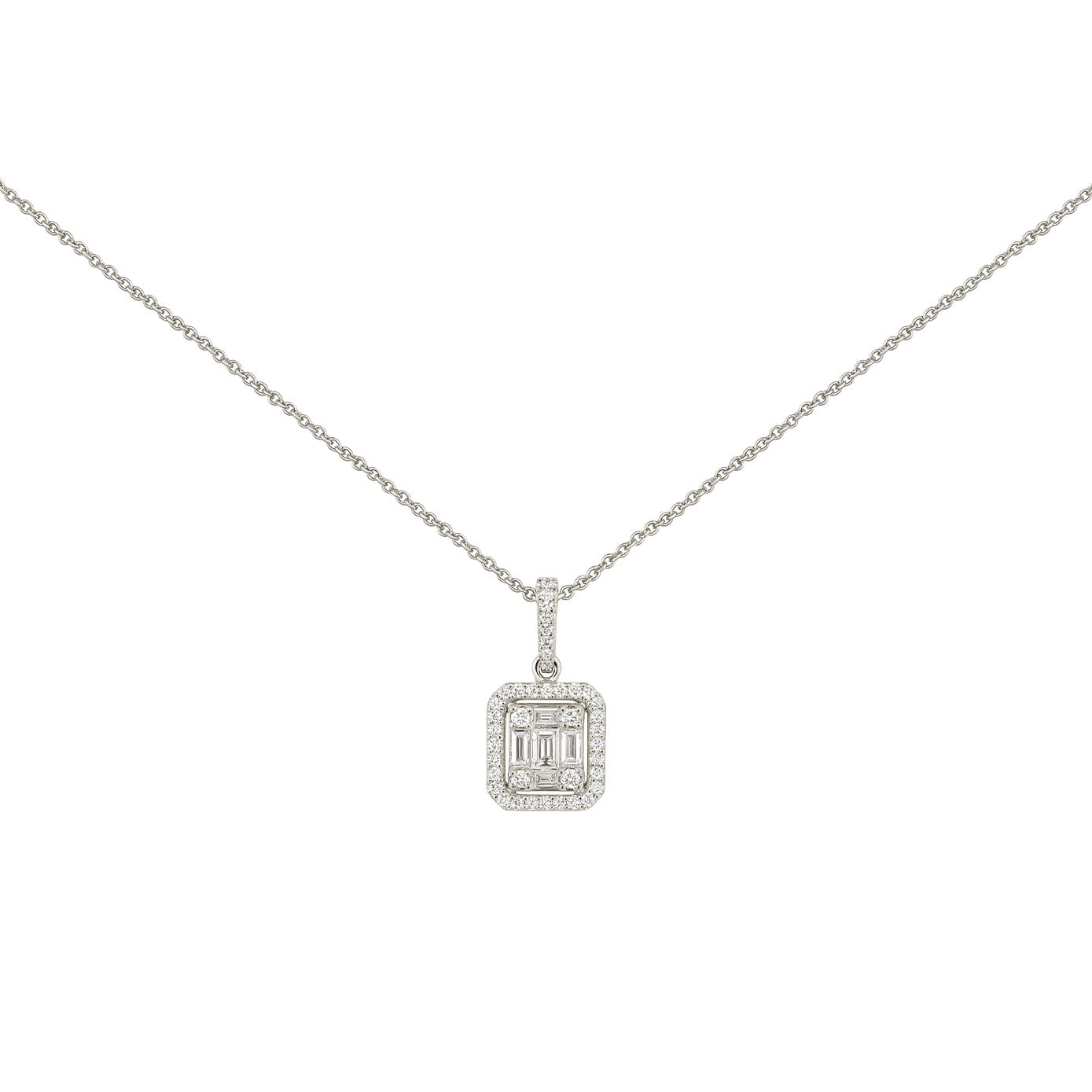 18 Karat White Gold Composite Halo Emerald Necklace With Baguette And Round Diamonds