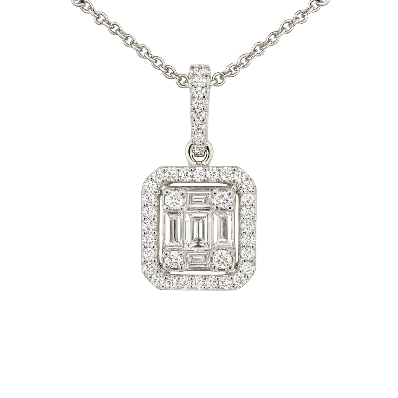 18 Karat White Gold Composite Halo Emerald Necklace With Baguette And Round Diamonds