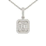 18 Karat White Gold Composite Halo Emerald Necklace With Baguette And Round Diamonds