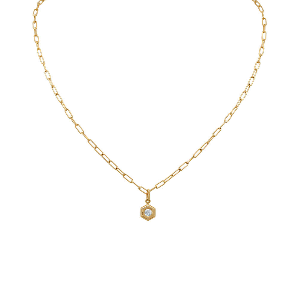 18 Karat Yellow Gold Hexagon Necklace with a Diamond