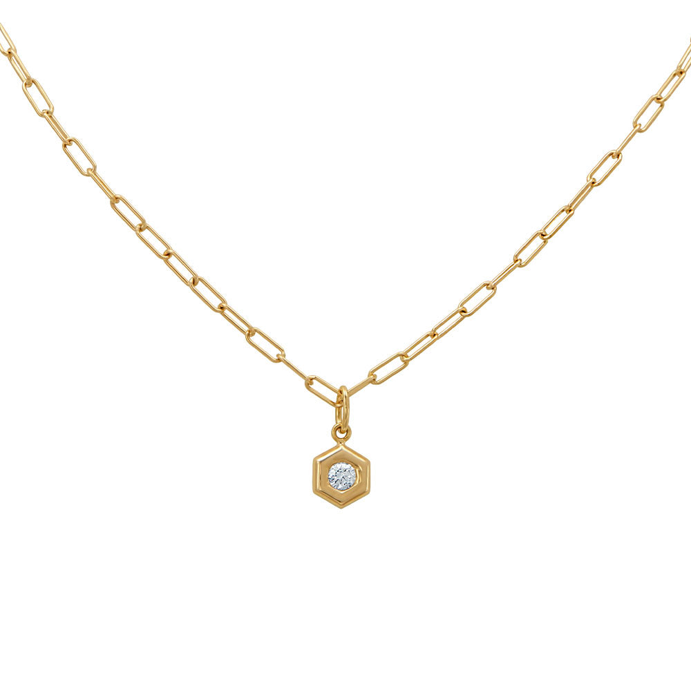 18 Karat Yellow Gold Hexagon Necklace with a Diamond