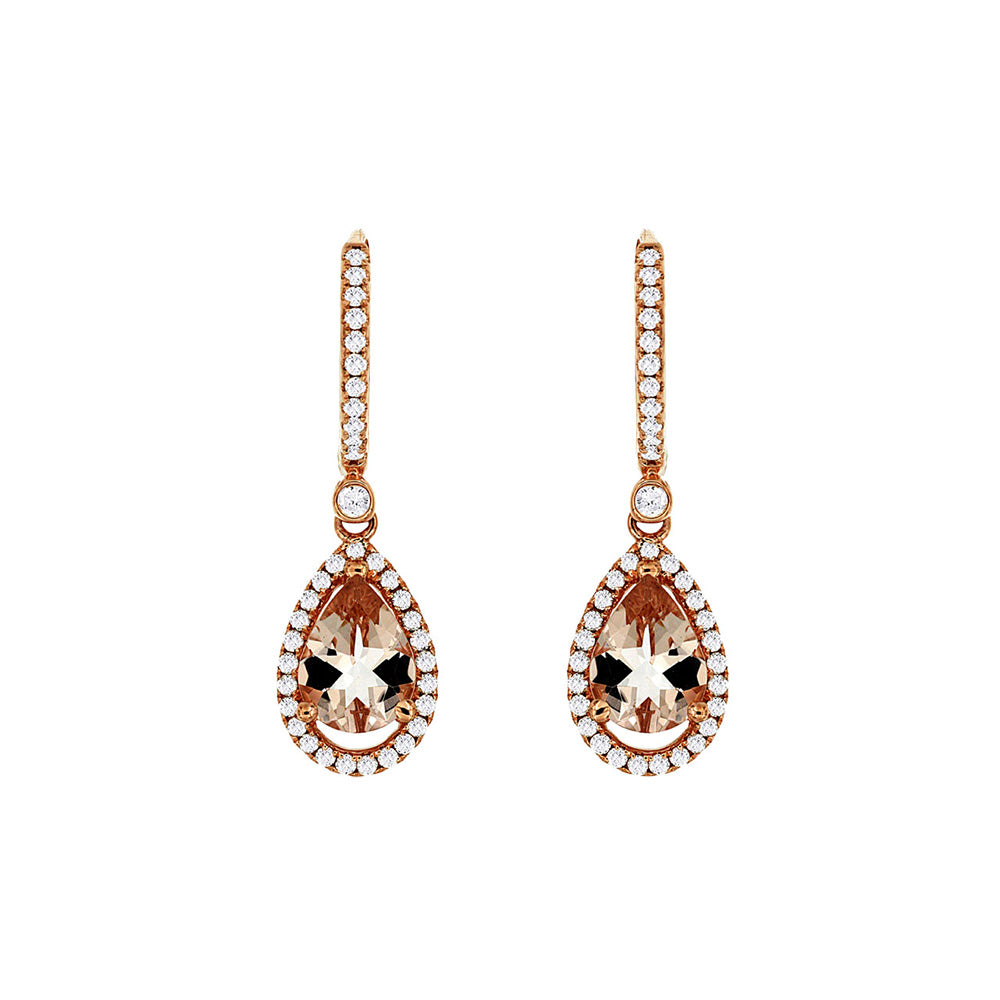 14 Karat Rose Gold Halo Drop Earrings With Morganites & Diamonds