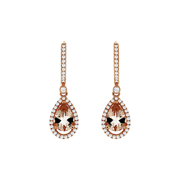 14 Karat Rose Gold Halo Drop Earrings With Morganites & Diamonds