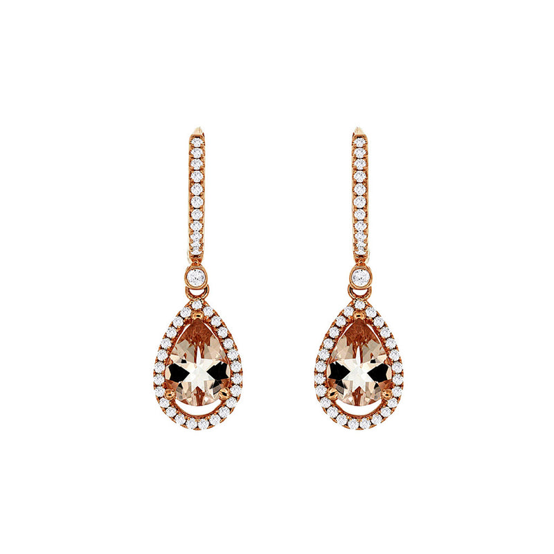 14 Karat Rose Gold Halo Drop Earrings With Morganites & Diamonds
