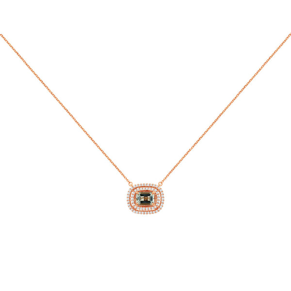 14 Karat Rose Gold Double Halo Necklace With A Aquamarine & Diamonds