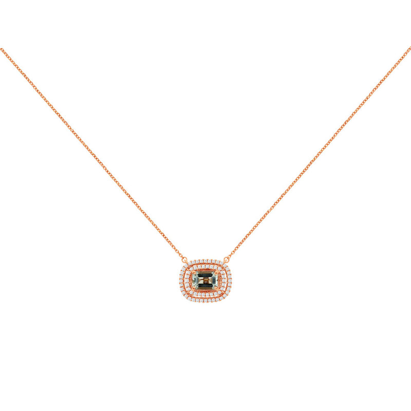 14 Karat Rose Gold Double Halo Necklace With A Aquamarine & Diamonds