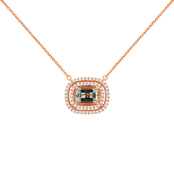 14 Karat Rose Gold Double Halo Necklace With A Aquamarine & Diamonds