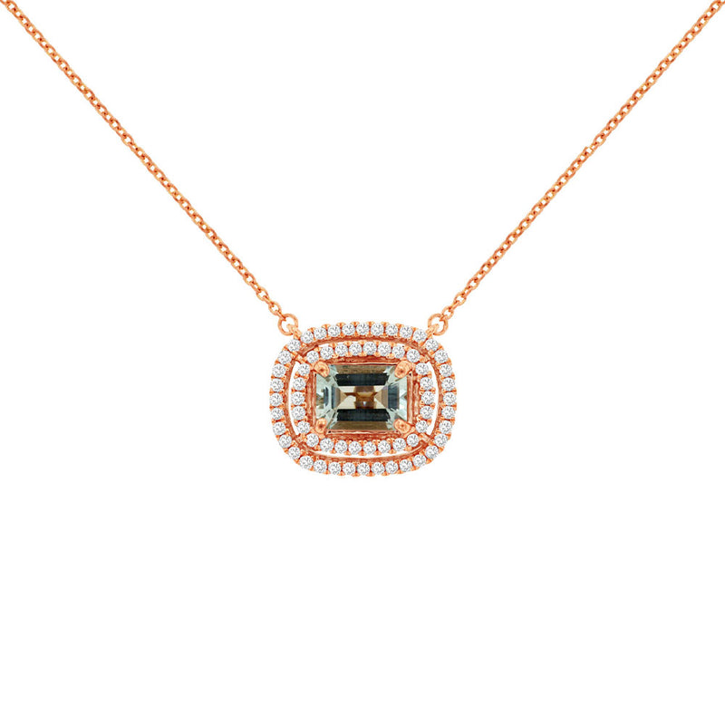 14 Karat Rose Gold Double Halo Necklace With A Aquamarine & Diamonds
