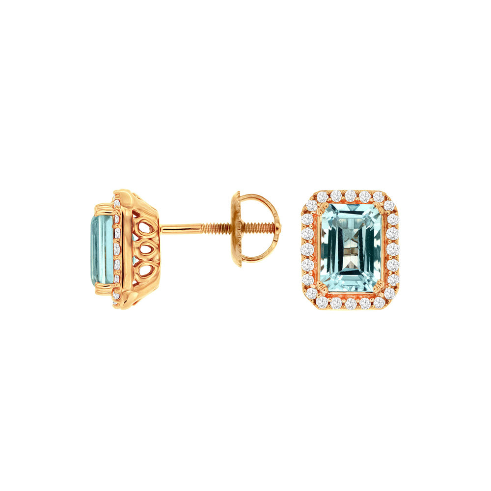 14 Karat Rose Gold Halo Earring With Aquamarine & Diamonds