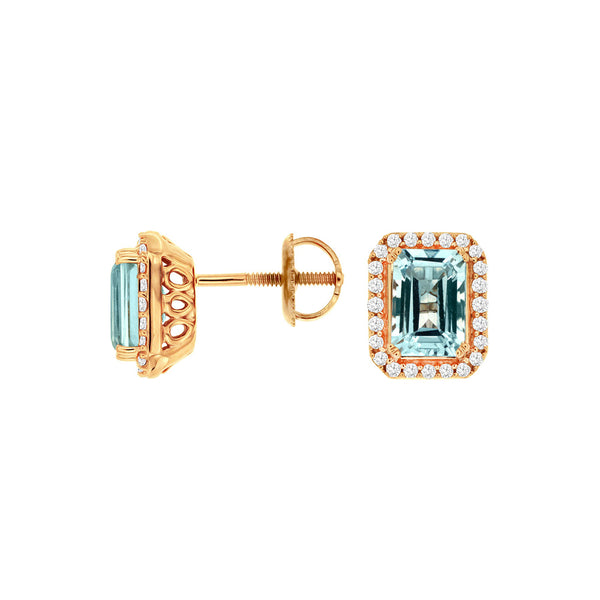 14 Karat Rose Gold Halo Earring With Aquamarine & Diamonds