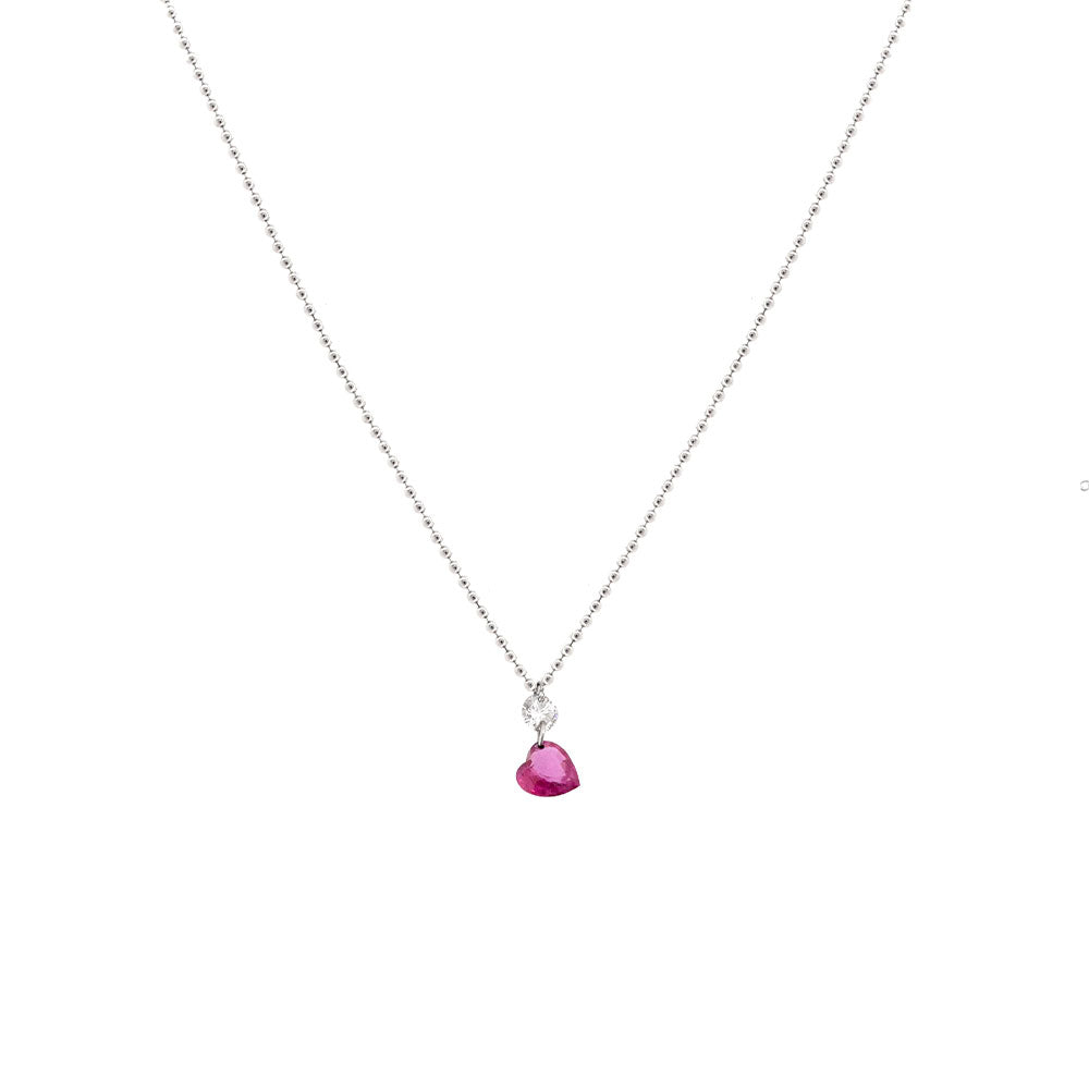 14 Karat White Gold Ruby Heart Necklace with Diamond