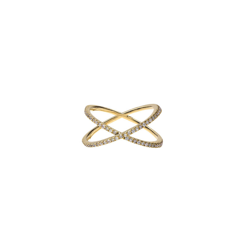 18 Karat Yellow Gold Criss-Cross Band With Diamonds