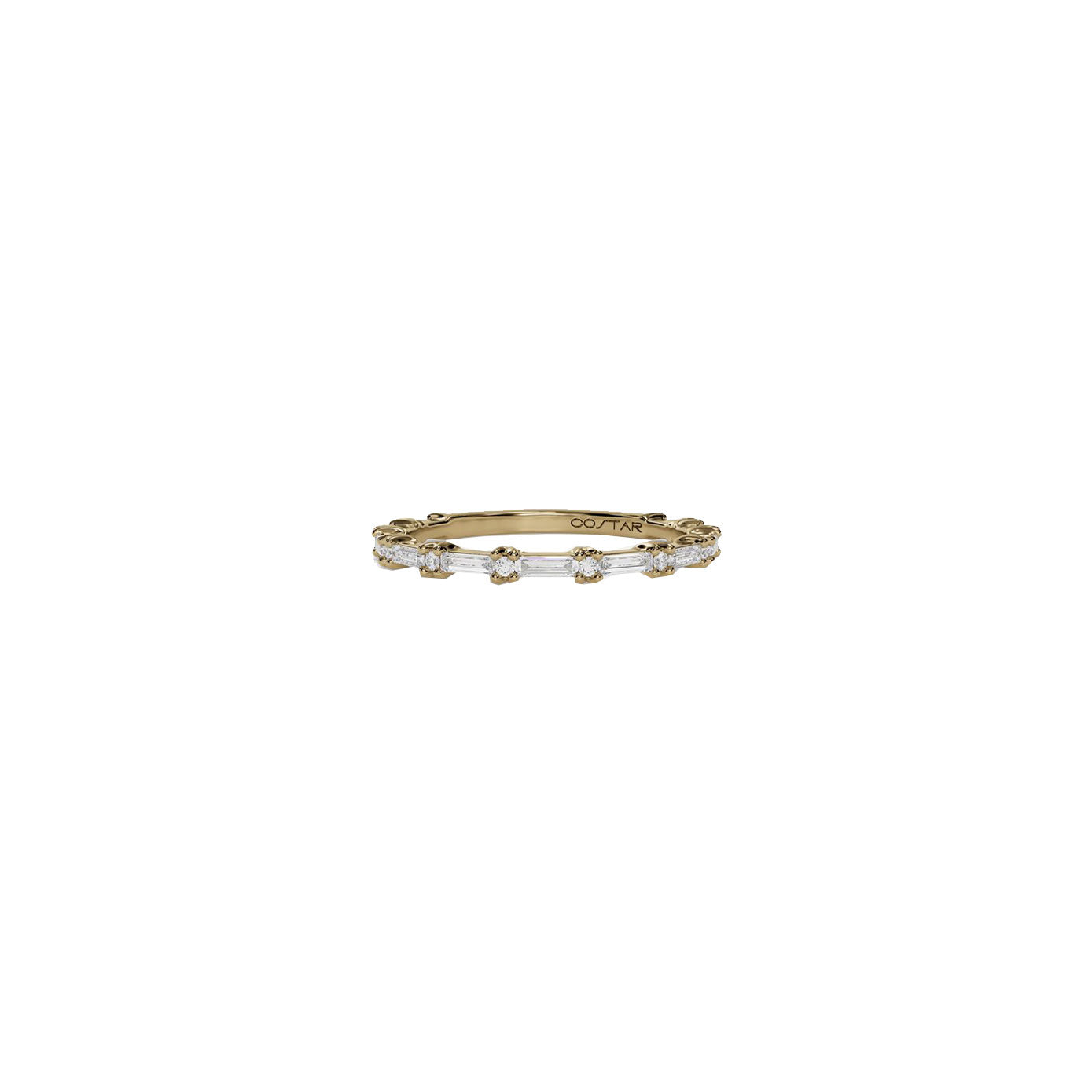 14 karat yellow gold ring with baguette and round diamonds