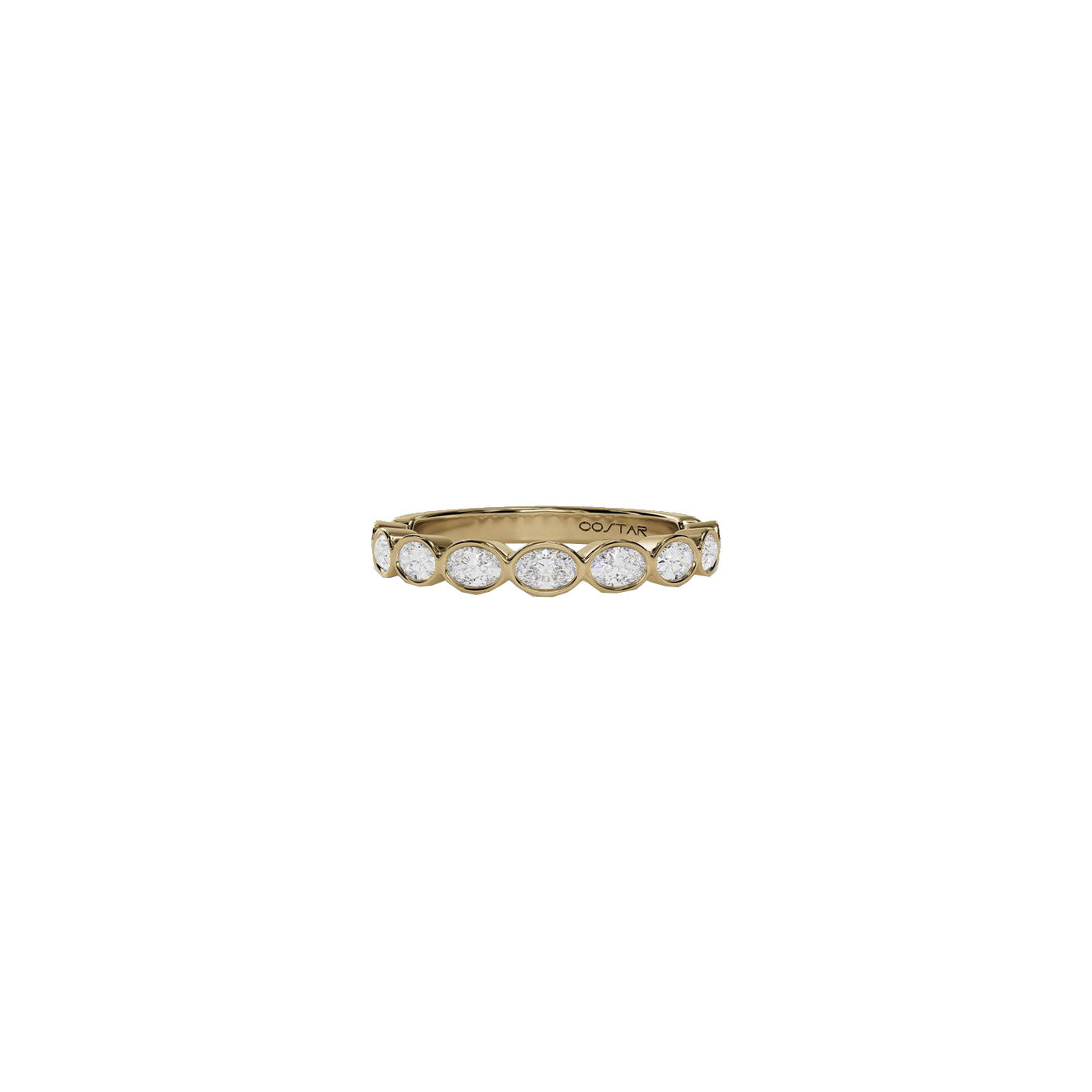 14 karat yellow gold ring with bezel set oval diamonds