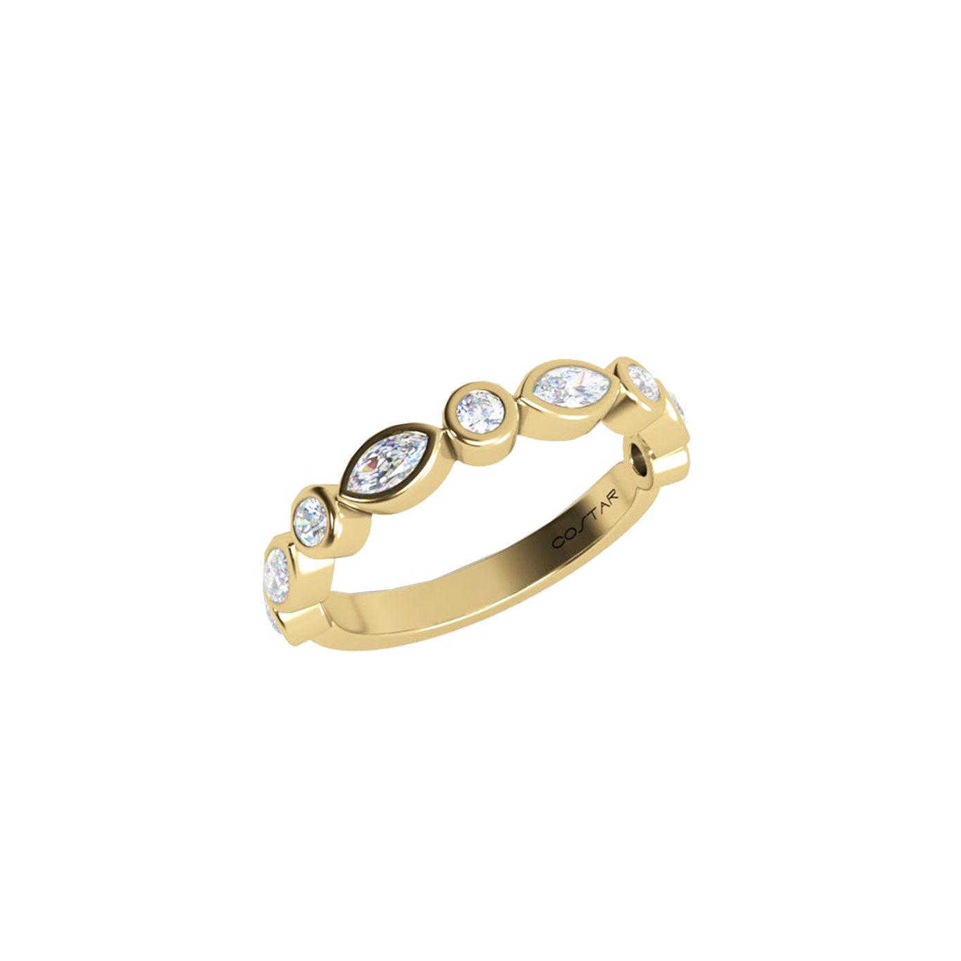 14 Karat Yellow Gold Bezel Band With Marquise and Round Diamonds