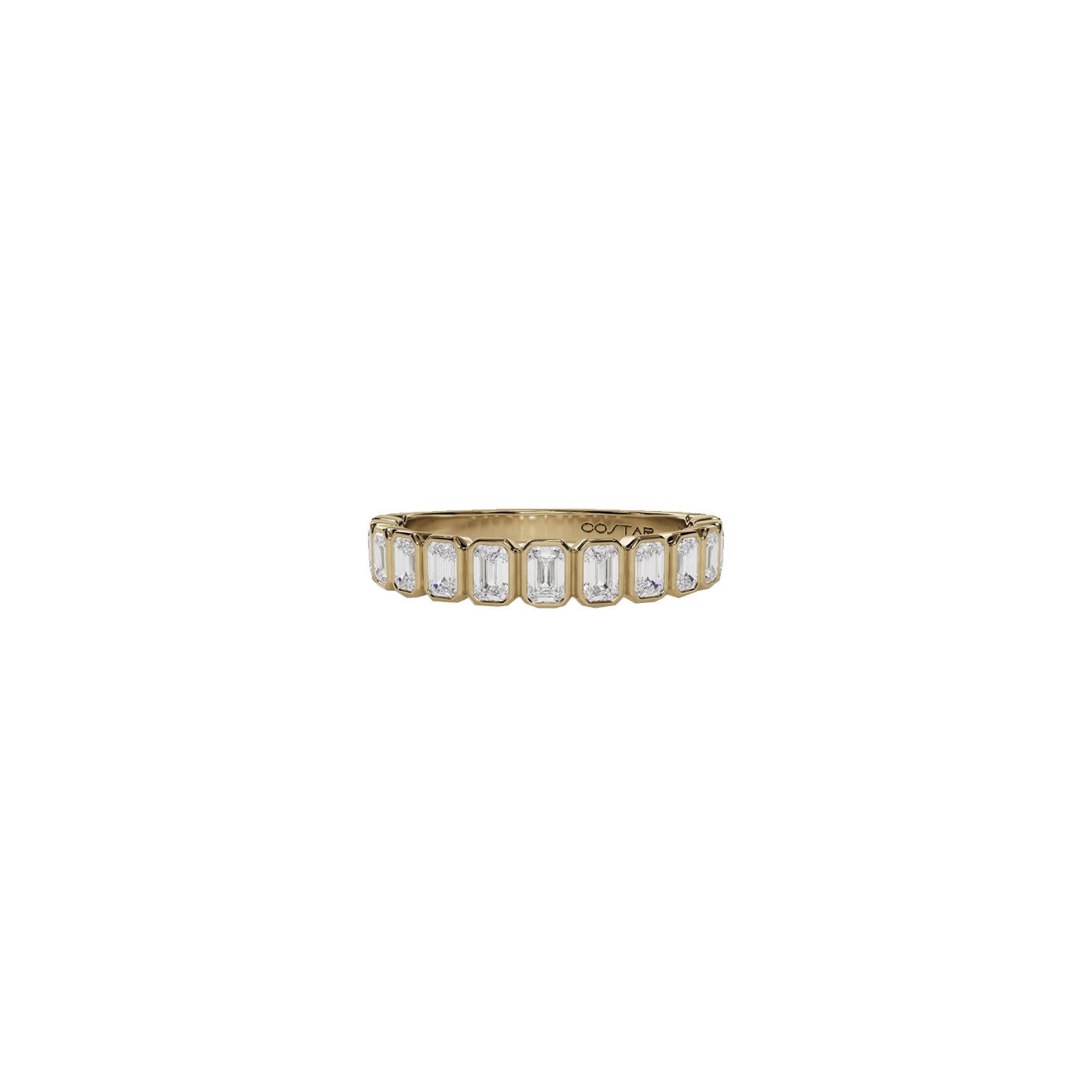 14 Karat Yellow Gold Bezel Band With Bezel set Emerald Cut diamonds