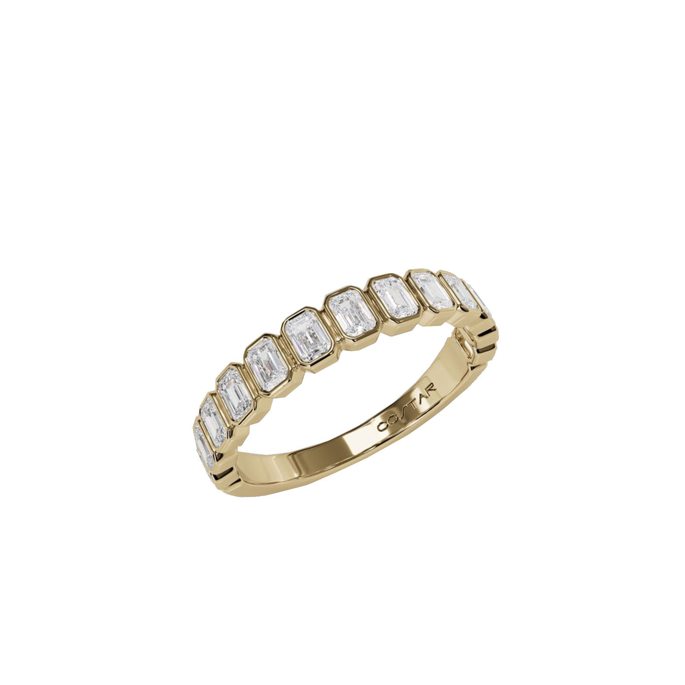 14 Karat Yellow Gold Bezel Band With Bezel set Emerald Cut diamonds