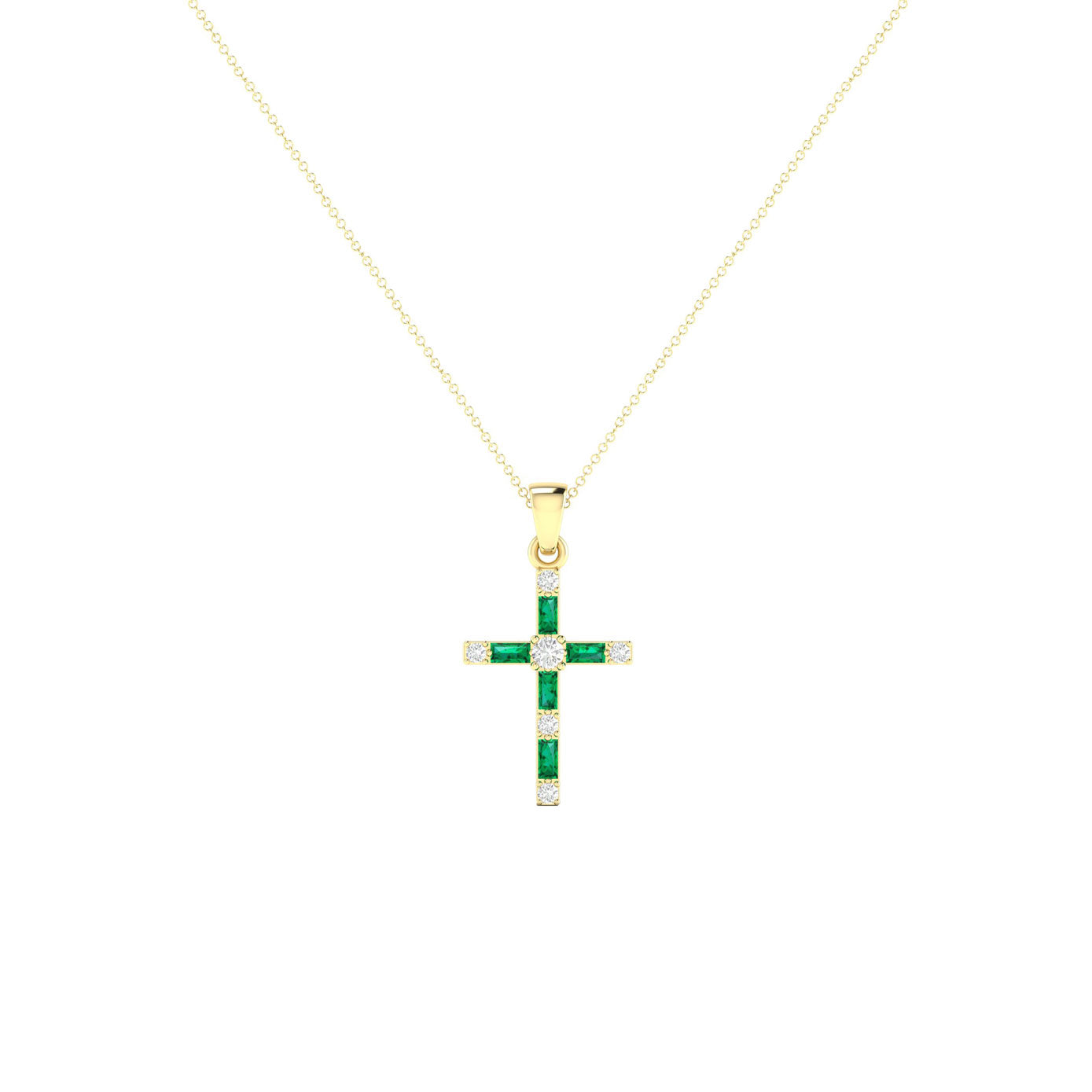 14 karat yellow gold cross necklace with emerald and round diamonds