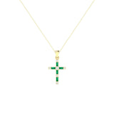 14 karat yellow gold cross necklace with emerald and round diamonds