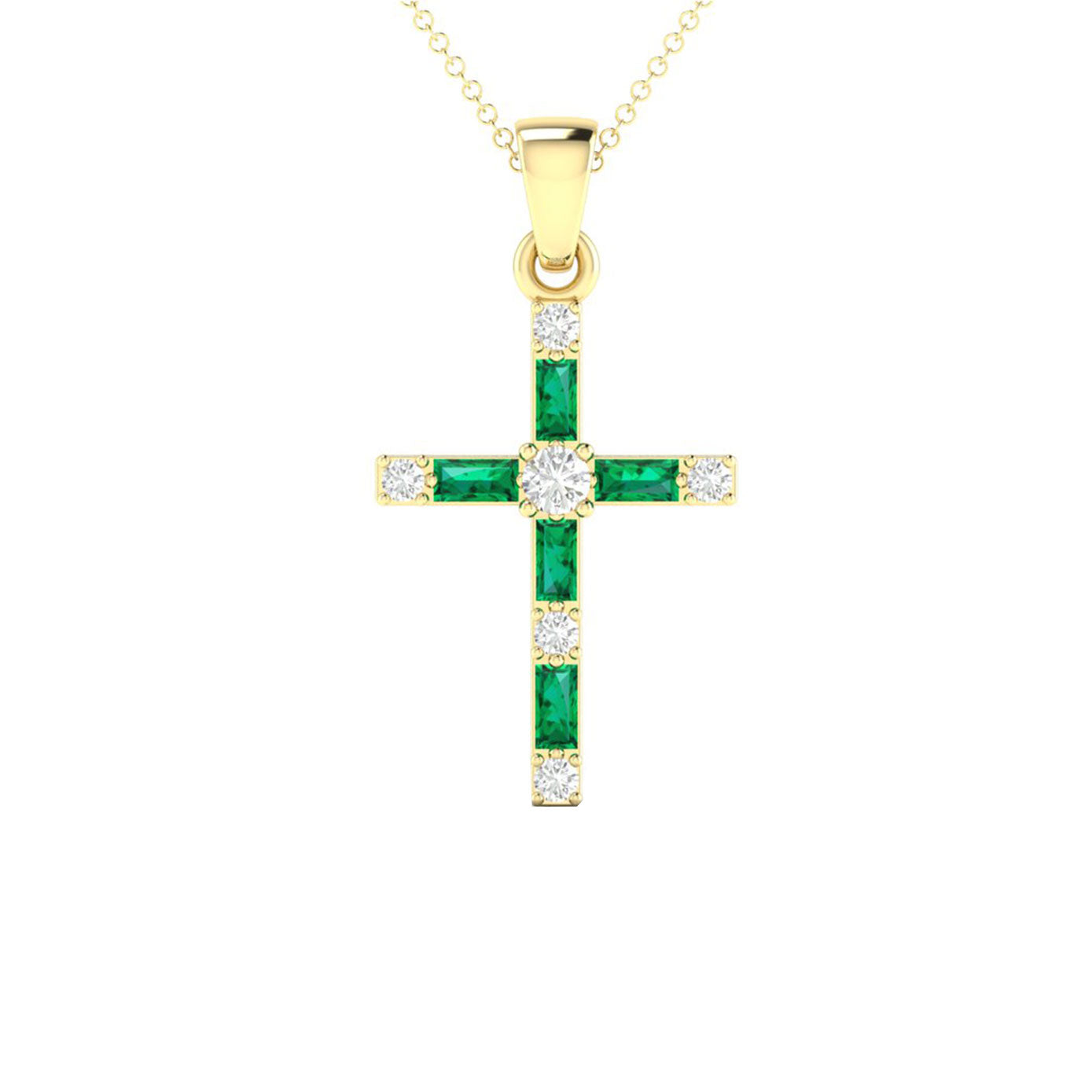 14 karat yellow gold cross necklace with emerald and round diamonds