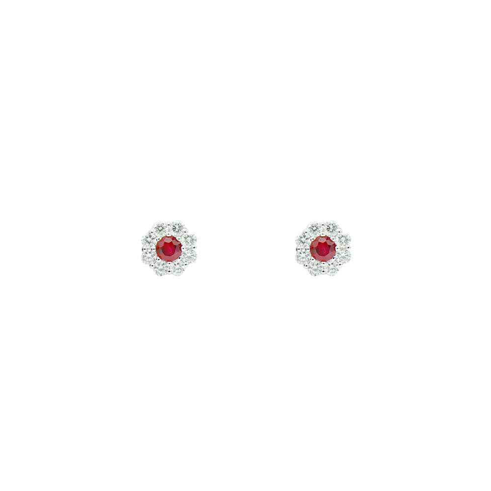 18 Karat White Gold Halo Earrings With Rubies & Diamonds