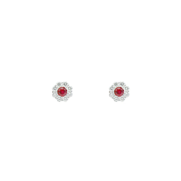 18 Karat White Gold Halo Earrings With Rubies & Diamonds