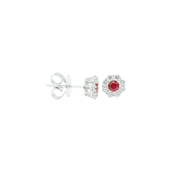 18 Karat White Gold Halo Earrings With Rubies & Diamonds