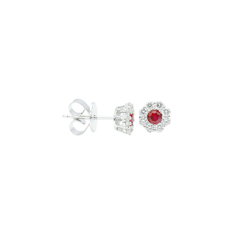 18 Karat White Gold Halo Earrings With Rubies & Diamonds