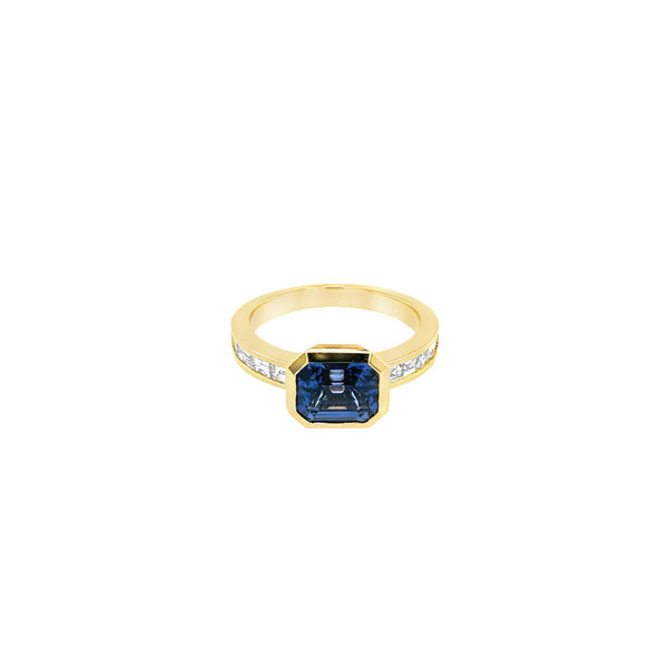 18 Karat Yellow Gold Bezel Set Sapphire and Diamond Ring