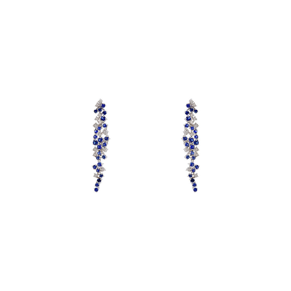 18 Karat White Gold Cluster Drop Earrings With Blue Sapphires And Diamonds