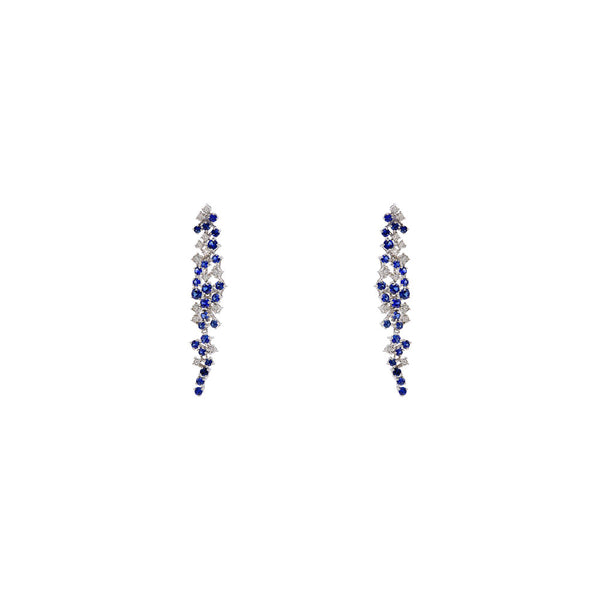 18 Karat White Gold Cluster Drop Earrings With Blue Sapphires And Diamonds