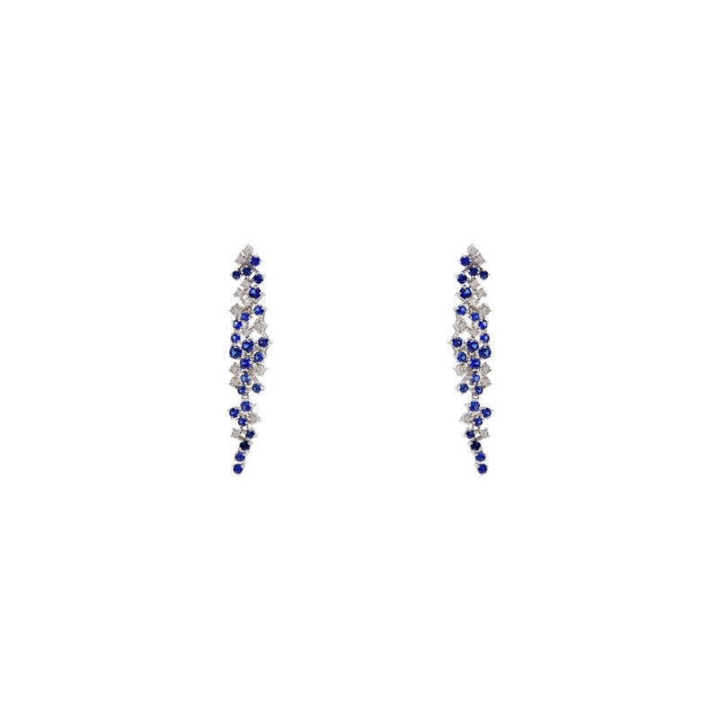 18 Karat White Gold Cluster Drop Earrings With Blue Sapphires And Diamonds