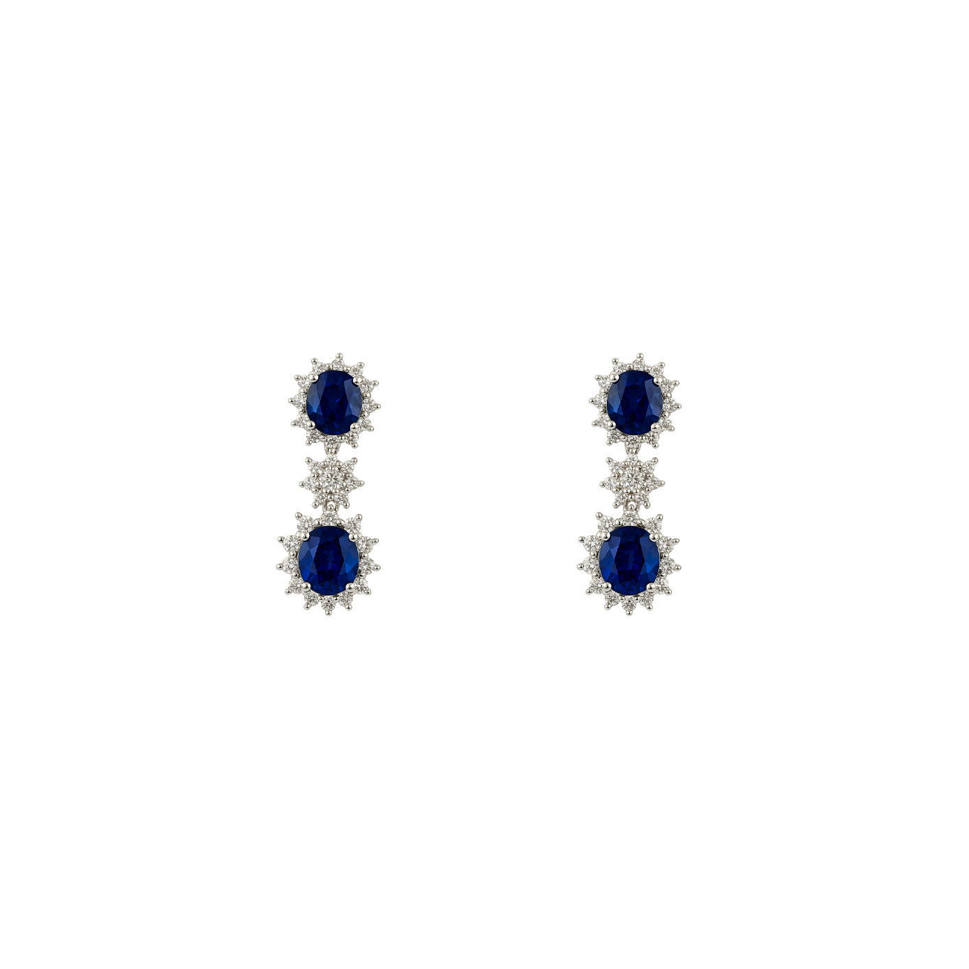 18 Karat White Gold Halo Drop Earrings With Blue Sapphires And Diamonds
