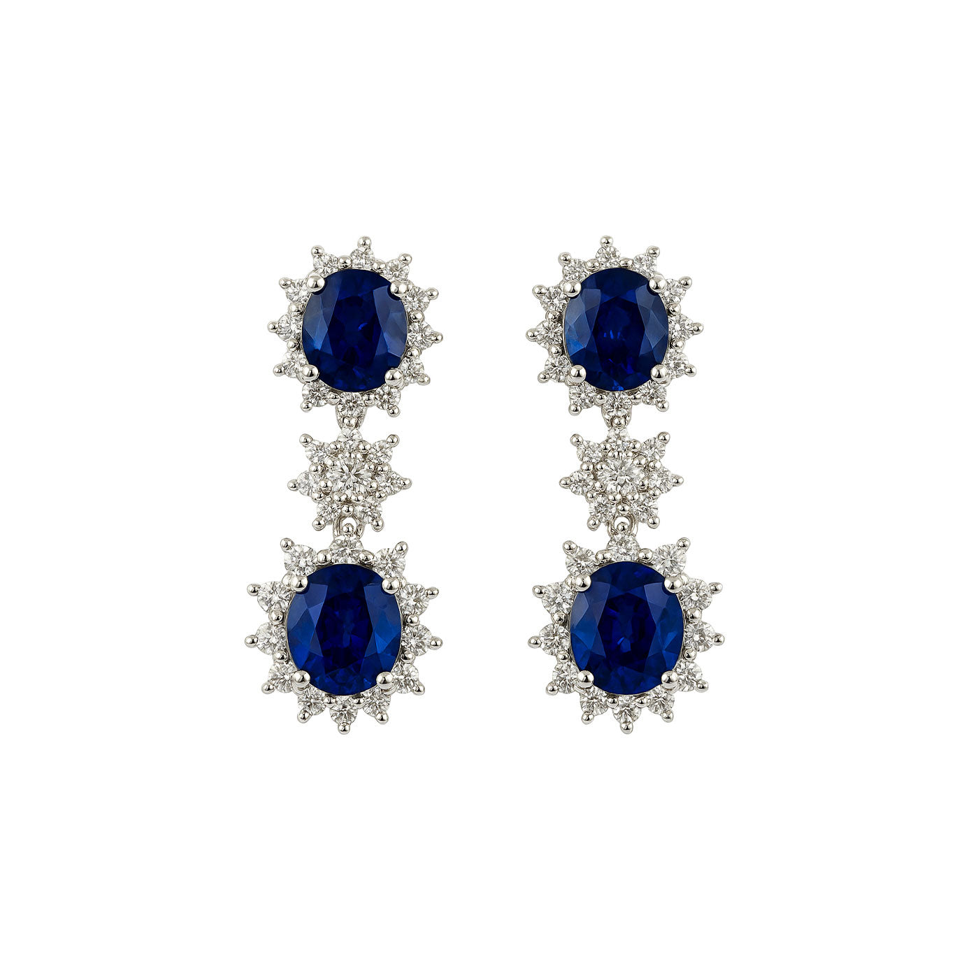 18 Karat White Gold Halo Drop Earrings With Blue Sapphires And Diamonds