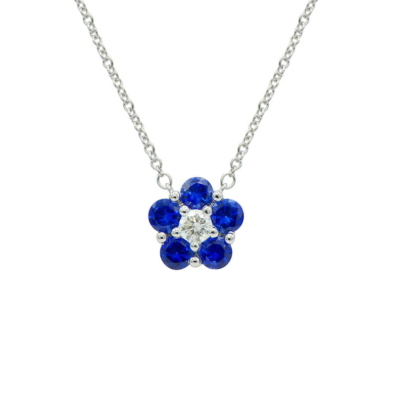 18 Karat White Gold Cluster Necklace With Blue Sapphires And Diamonds