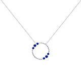14 Karat White Gold Halo Necklace With Blue Sapphires And Diamonds