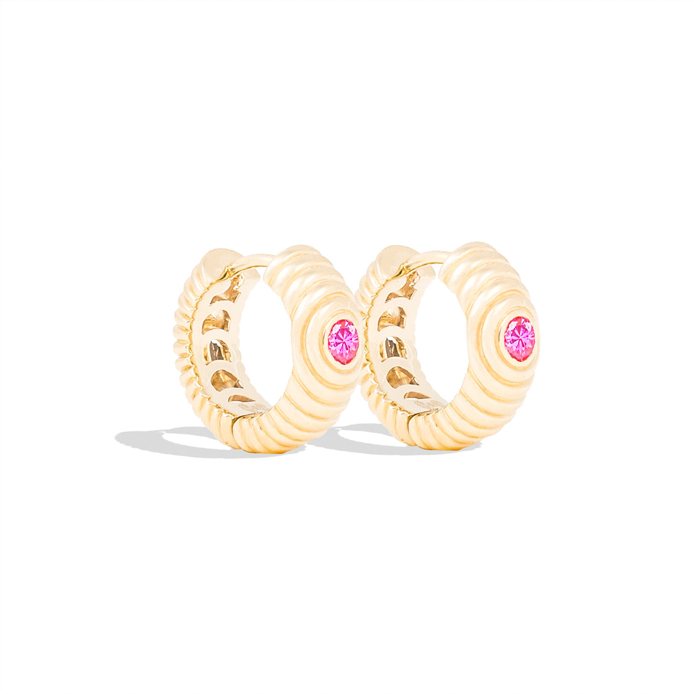 14 Karat Yellow Gold Revel Ribbed Huggy Earrings with Pink Sapphires