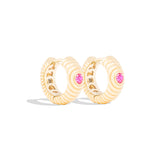 14 Karat Yellow Gold Revel Ribbed Huggy Earrings with Pink Sapphires