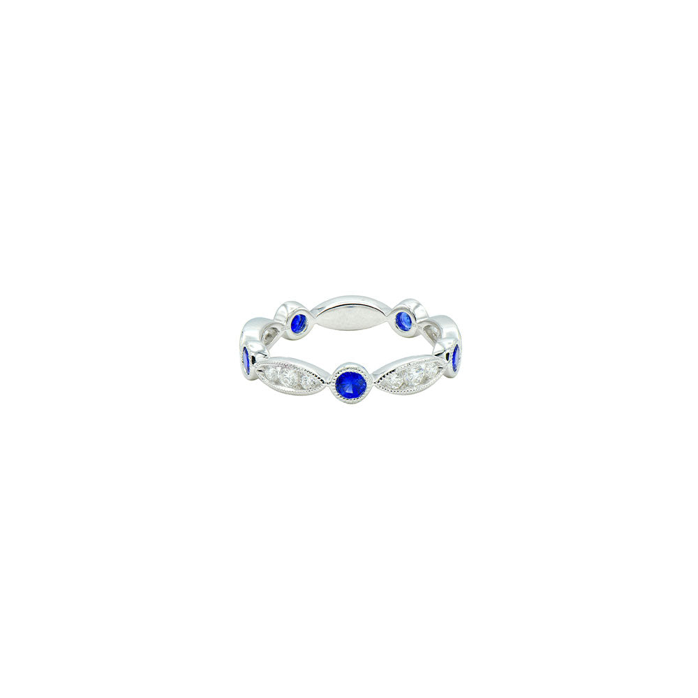 18 Karat White Gold Band With Blue Sapphires And Diamond