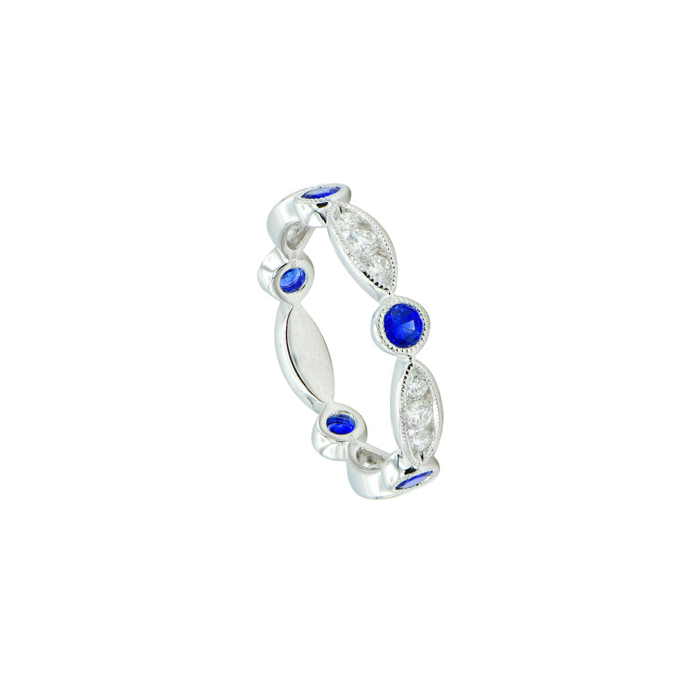 18 Karat White Gold Band With Blue Sapphires And Diamond