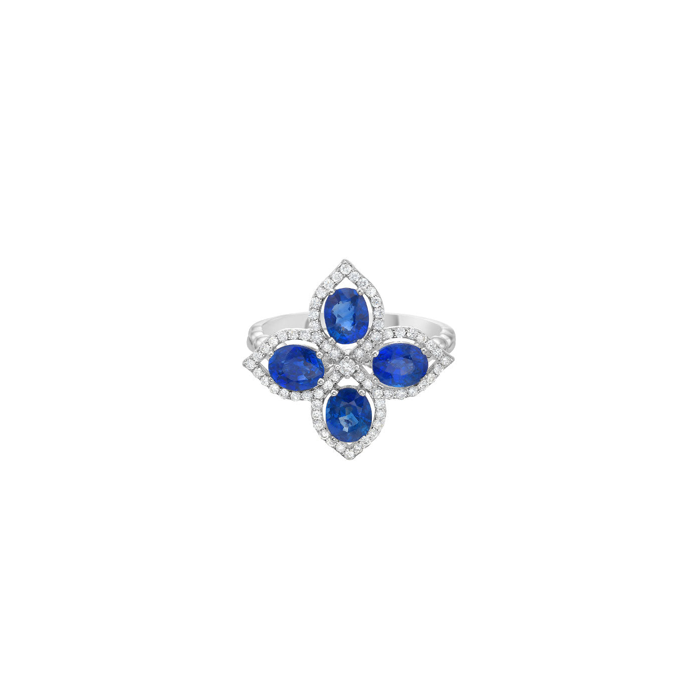 18 Karat White Gold Flower Ring With Blue Sapphires And Diamonds