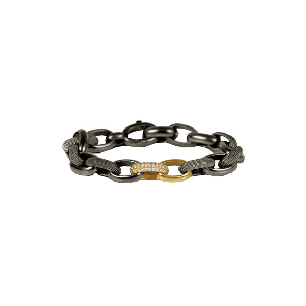 Sterling Silver Black Rhodium TASHA Link Bracelet with 14 Karat Yellow Gold and Diamond Links