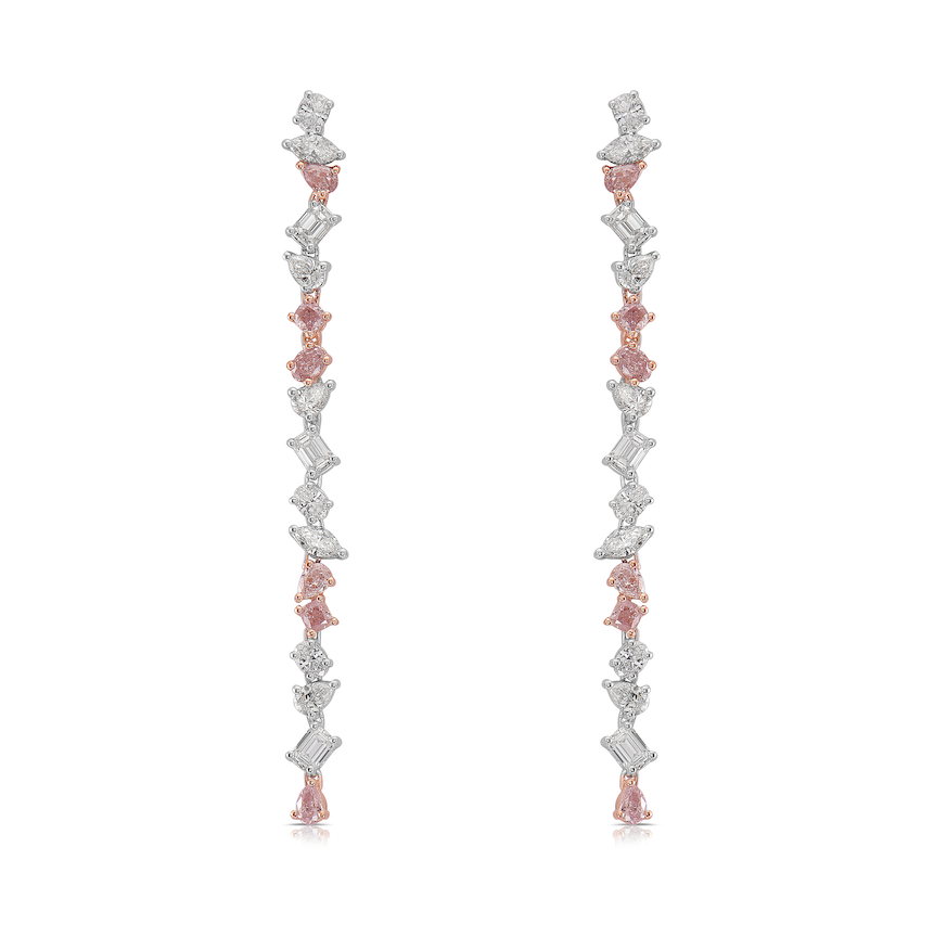 Pink diamond bracelet. Pink diamond earrings. Simple diamond earrings. Multi shape diamond earrings.